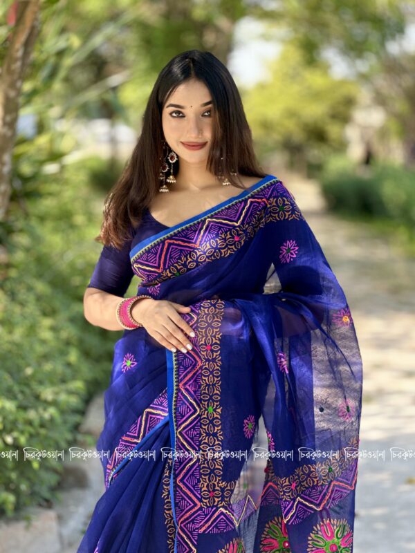 নেভী ব্লু নকশী থান এম্বোডারি শাড়ি - Image 2