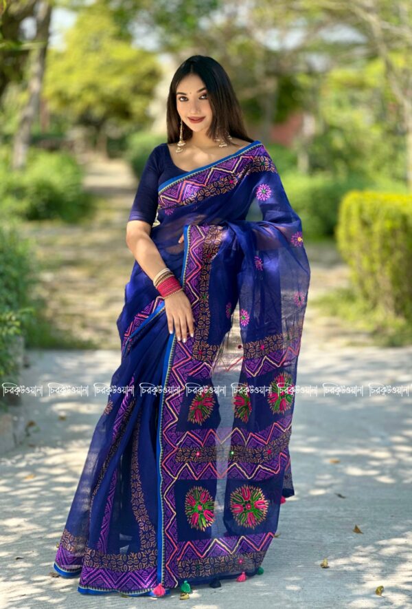 নেভী ব্লু নকশী থান এম্বোডারি শাড়ি - Image 5
